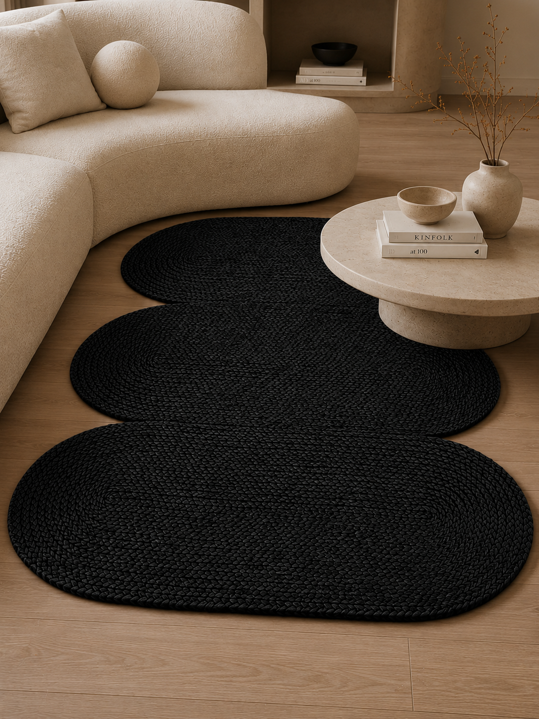 Alfombra tejida Ovalos Negra.